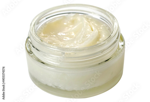 Clear Glass Jar of Petroleum Jelly with Smooth Glossy Texture on White Background photo