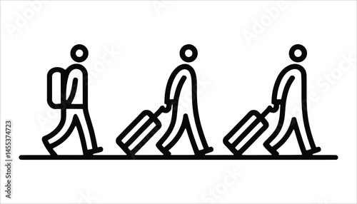  Travelers Walking with Luggage Vector. People with Suitcase Silhouette Icons. Tourism and Journey Concept.