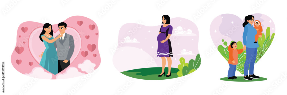 Fototapeta premium Newly married couples, pregnant women and a mother with her children in a happy atmosphere.