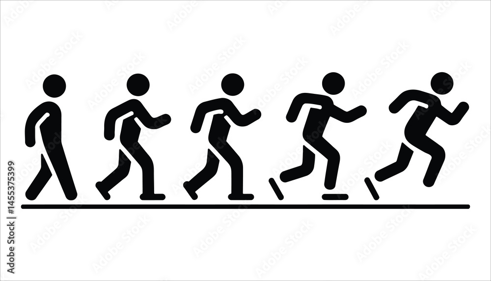 Running Motion Vector. Evolution of Walking to Running Silhouette Icons. Fitness Progress Concept. Running Motion Vector. Evolution of Walking to Running Silhouette Icons. Fitness Progress Concept.