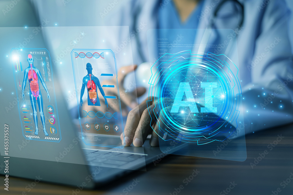 Doctor using AI technology on laptop for advanced medical diagnosis and patient health data analysis in a futuristic digital interface
