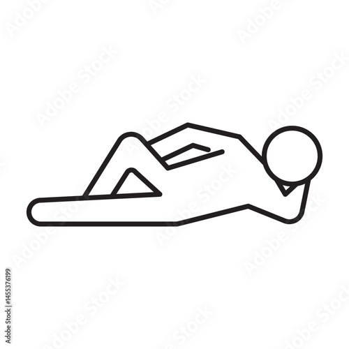 Minimalist stick figure icon of a person lying down in a relaxed pose. Simple black outline on a white background, representing rest, relaxation, or break time. Ideal for use in user interfaces, signa