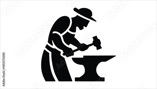 Blacksmith Silhouette Vector – Worker Hammering on Anvil Icon for Craft and Metalwork Design