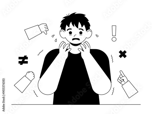 Mental health problems caused by social pressure leading to insomnia. Social issue vector illustration. Black and white style. Flat and outline illustration concept.