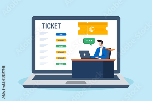 Flat illustration of support staff reviewing customer tickets with laptop and headset during online call in helpdesk service dashboard