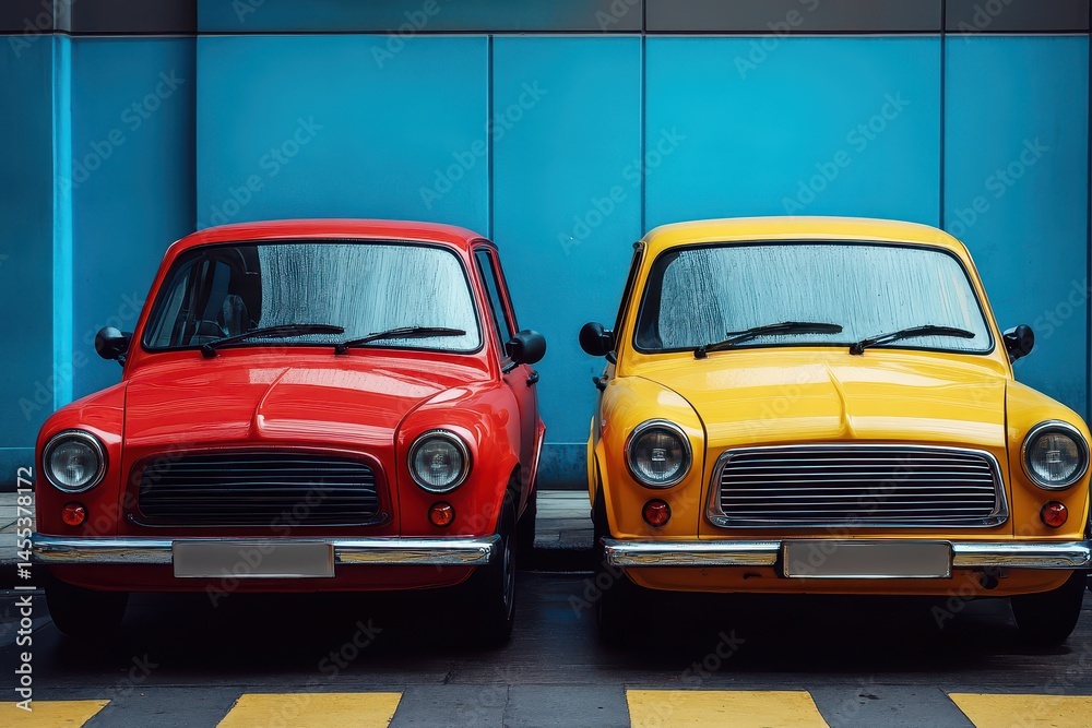 Classic cars in vibrant colors parked together