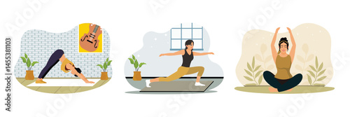A girl practices yoga on a mat indoors, training her balance and strength.