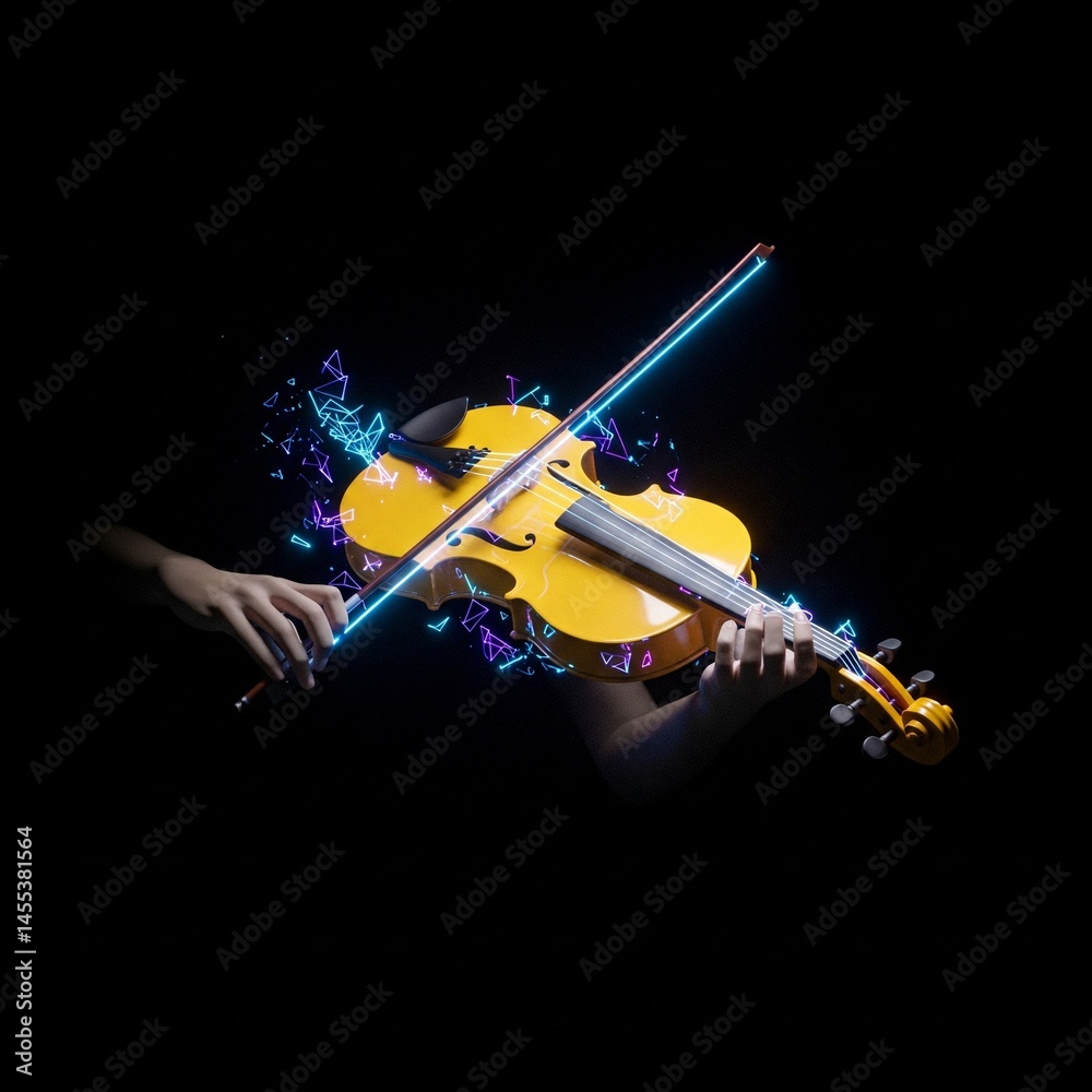 Fototapeta premium neon blue and pink light trails around a yellow violin played by a musician on a black background