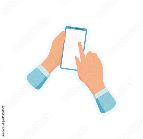 Sticker of hand holding phone. Illustration of a user interacting with a smartphone screen. Digital device engagement, touch technology, mobile application template usage.