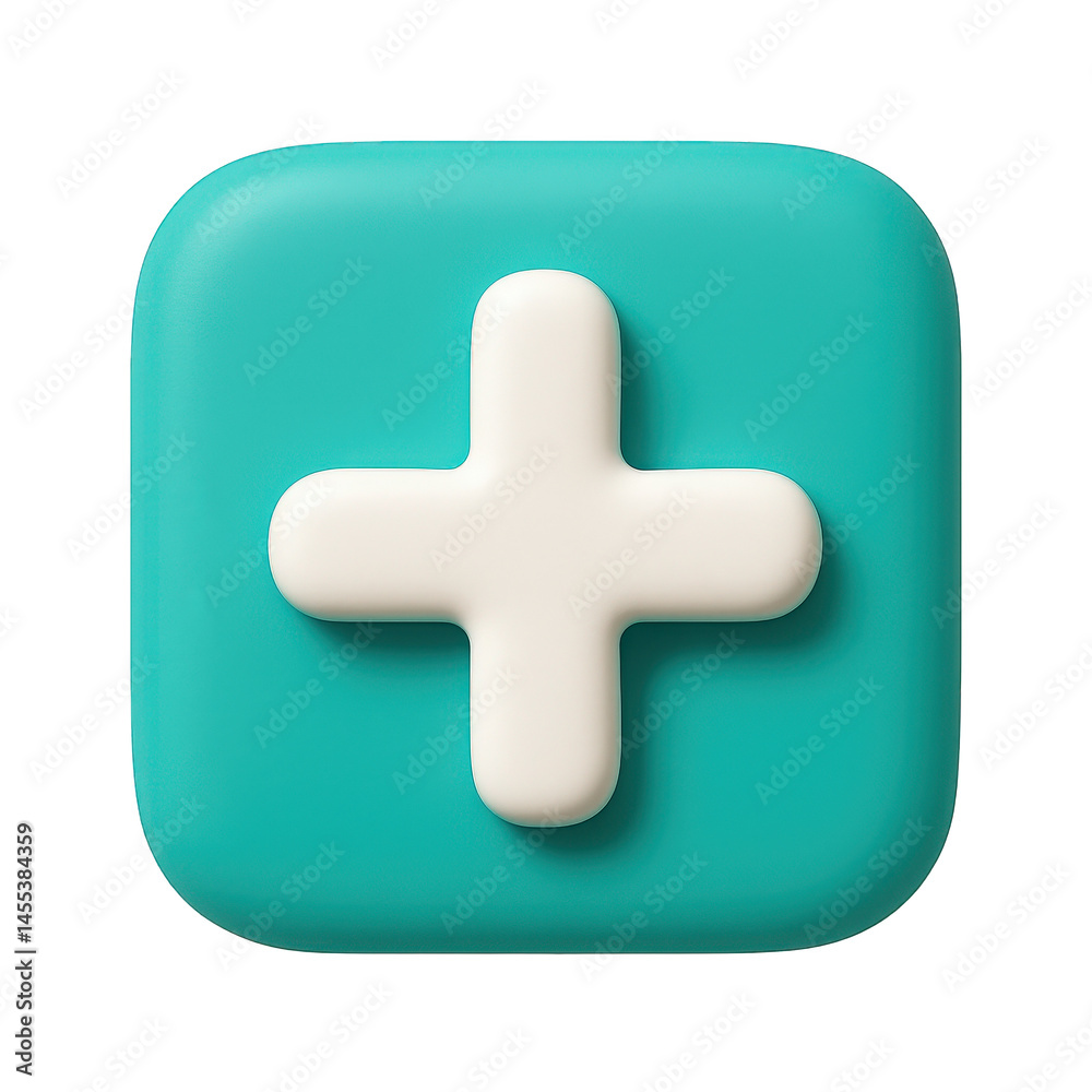 Obraz premium Smoothly rendered three-dimensional plus symbol centered on a rounded square, representing addition or positive interaction.