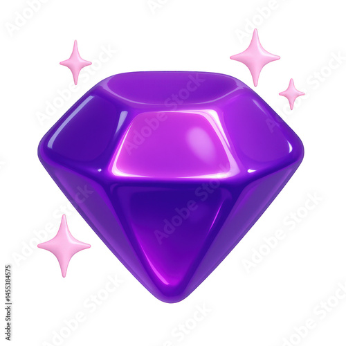 Vibrant 3D rendering of a shiny purple jewel, accentuated by soft pink star-shaped sparkles.