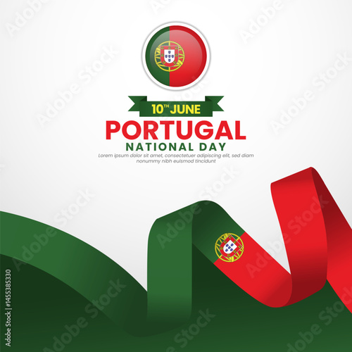 Portugal national day greeting card, square banner background with waving ribbon flag