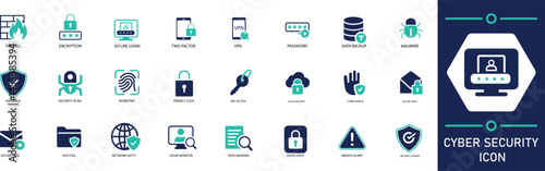 Flat vector icons representing cybersecurity, data protection, digital safety, and online threats.