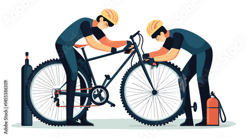 vector two men repair a bicycle