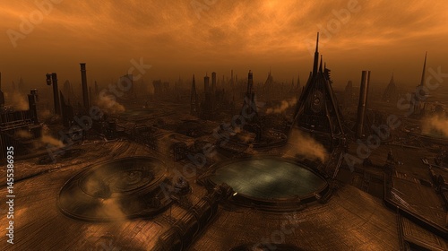 Dystopian futuristic cityscape under a clouded sky, showcasing urban decay and technological advancements in a desolated post apocalyptic world