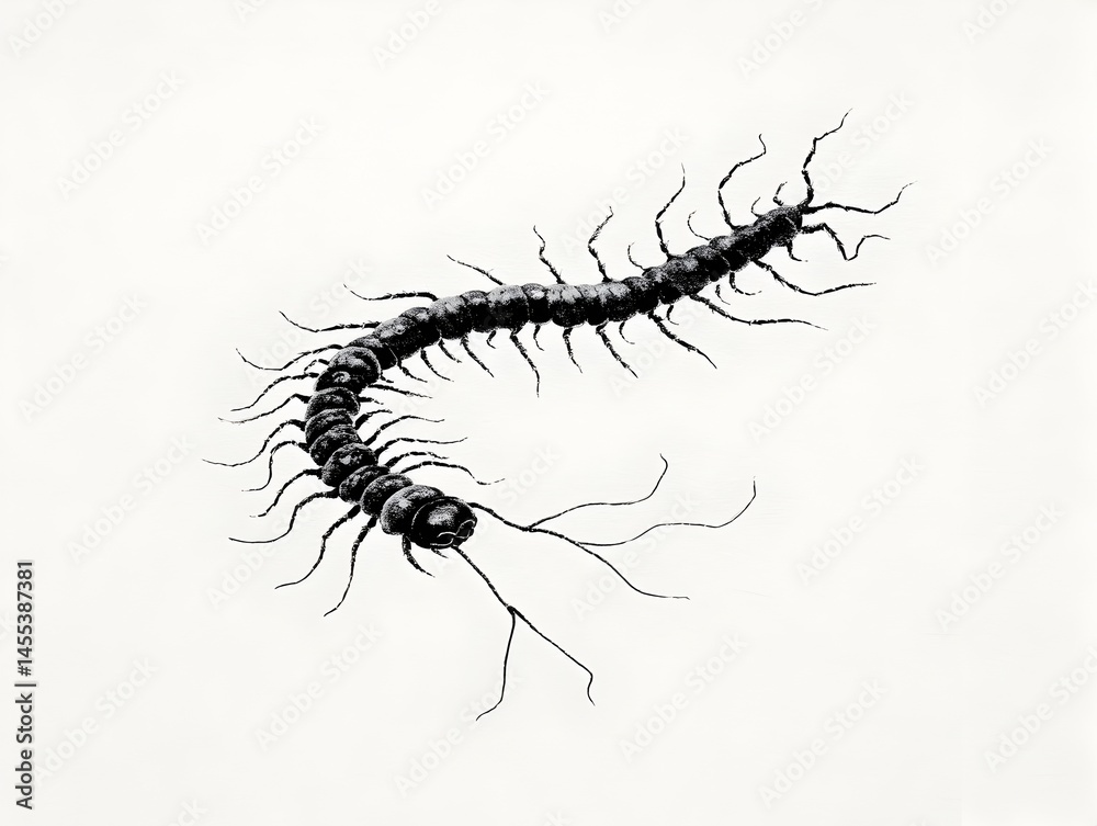 Fototapeta premium A detailed black and white illustration depicts a large centipede crawling gracefully on a plain white background.