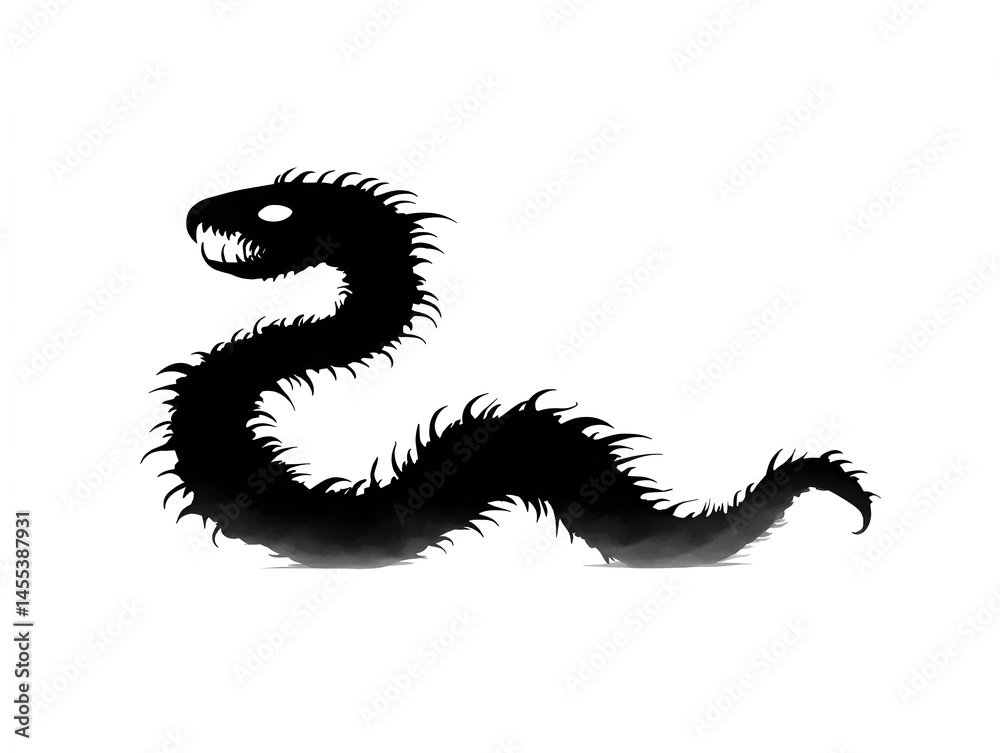 Fototapeta premium A monstrous black serpent with spines slithers menacingly across a white background creating a dark fantasy illustration.
