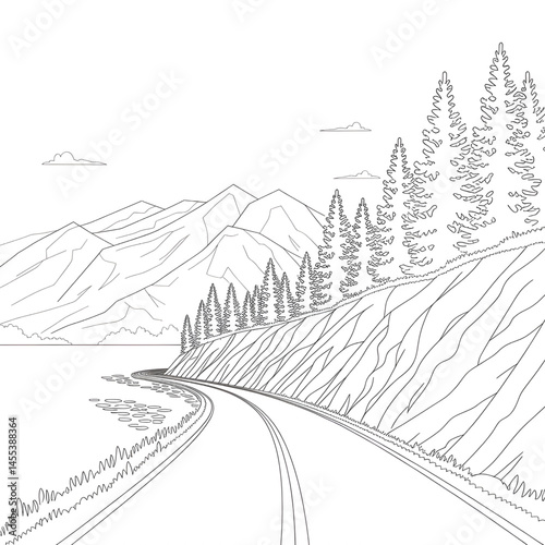 ‎A black and white A road along the mountainside line art of a coloring page