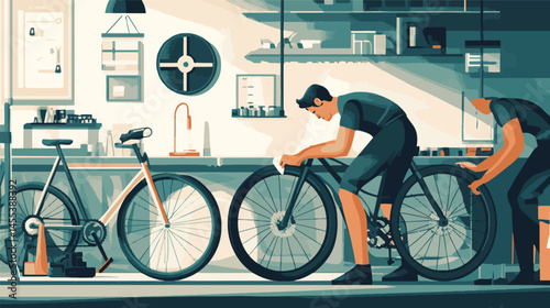 vector man repairs bicycle