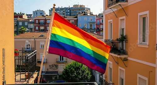 Pride flag waving in the wind on a sunny day in city apartment building celebrating diversity