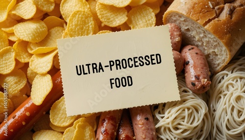 Food with stick note Ultra-processed food (UPF) -  industrial food made from ingredients not found in kitchens - high with additives, added sugar, salt or unhealthy fats,