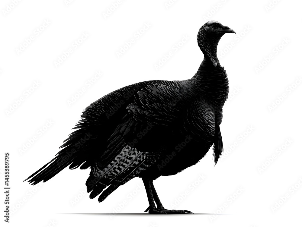 Fototapeta premium A majestic black and white silhouette of a wild turkey stands proudly against a pure white background showcasing its detailed plumage.