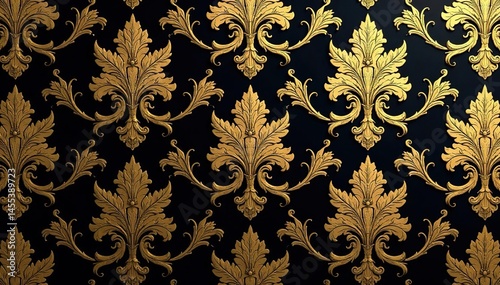 Large-scale damask pattern with bold acanthus leaves and swirling motifs in gold and black , graphics, interior, style