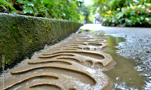 Detailed close-up of textured drainage channel filled with rainwater, showing imprinted patterns in the mud.  A blurry background depicts lush greenery and a paved pathway.