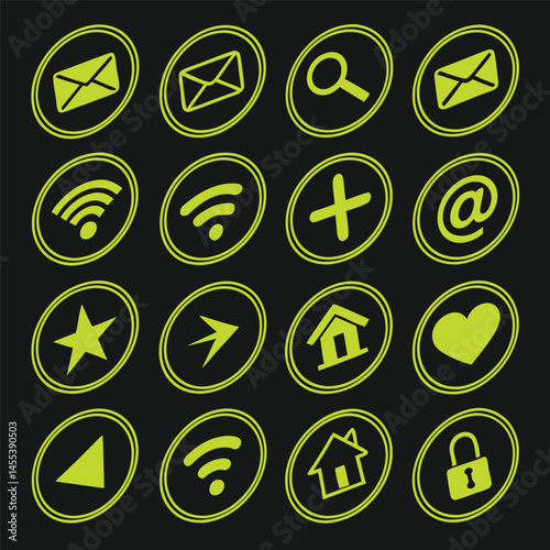 Green Neon Circular Icon Set – UI Symbols on Dark Background