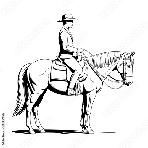 ‎A black and white A horse stands on two legs with a whip in its hand. illustration line art of a coloring page