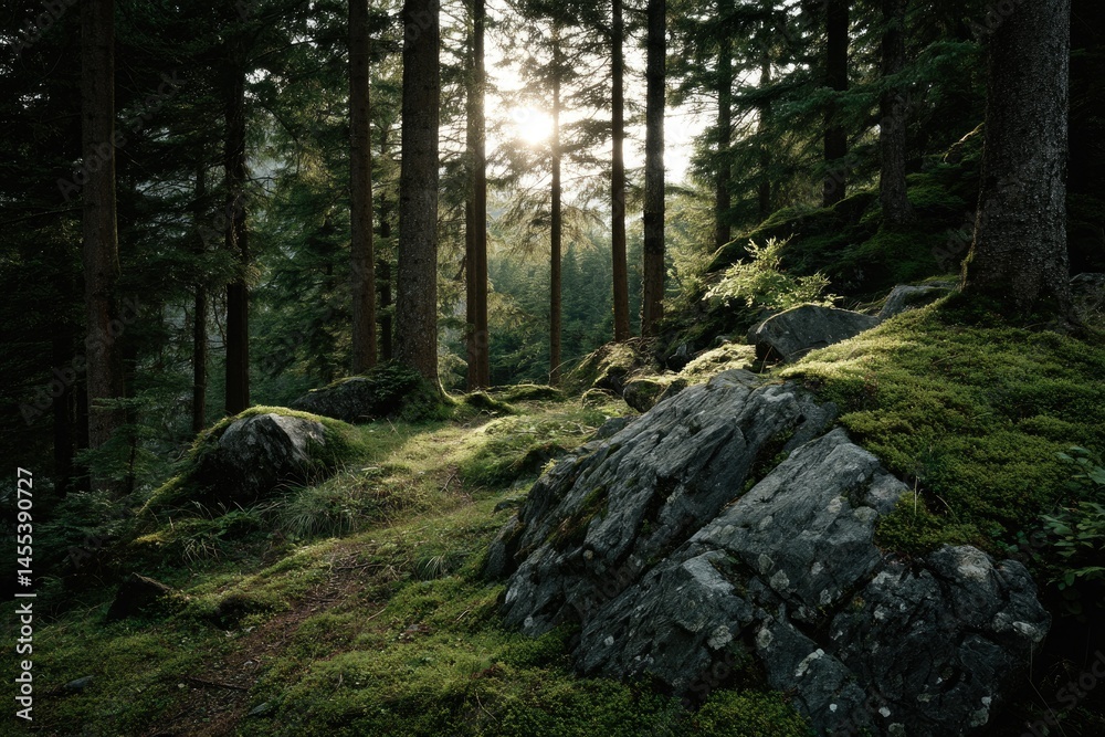 Sunlit Forest Path: Mossy Rocks and Serene Sunlight Sunlit Forest Path: Mossy Rocks and Serene Sunlight