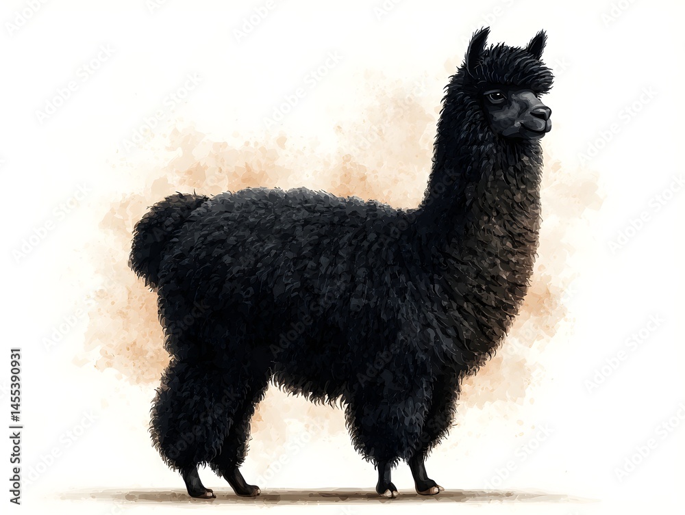 Fototapeta premium A majestic black alpaca stands proudly against a soft, watercolor-like brown background showcasing its luxurious, thick fleece.