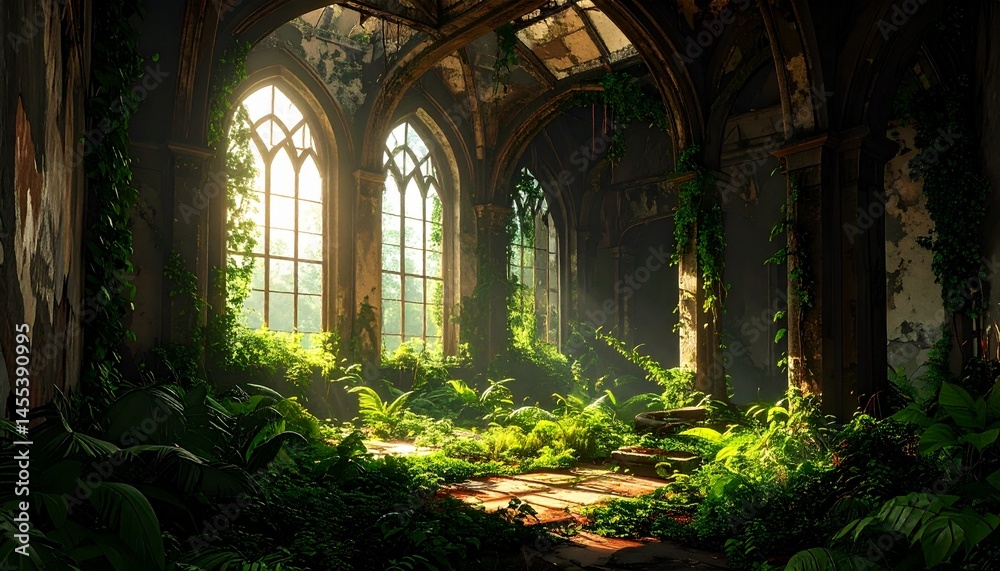 Obraz premium Overgrown Abandoned Building Interior with Sunlit Window