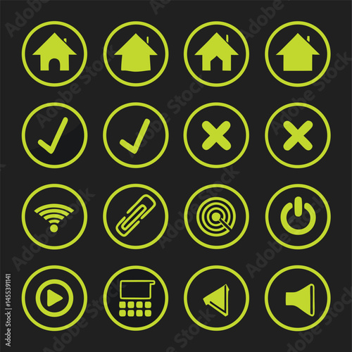 Green Neon Circular Icon Set – UI Symbols on Dark Background