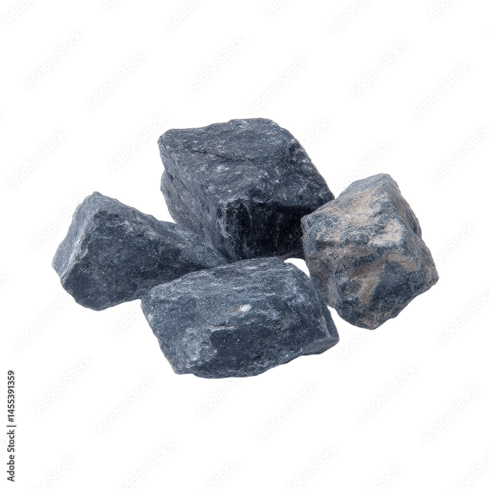 A Rough Cluster of Dark Blue-Gray Rocks Isolated on a Plain Background A Rough Cluster of Dark Blue-Gray Rocks Isolated on a Plain Background
