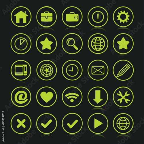 Green Neon Circular Icon Set – UI Symbols on Dark Background