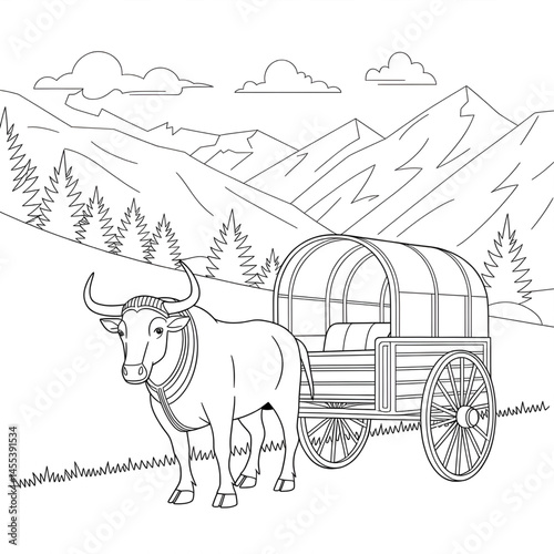 ‎A black and white A bullock cart art of a coloring page