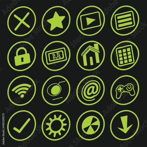 Green Neon Circular Icon Set – UI Symbols on Dark Background