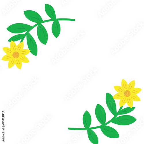 Two yellow flowers with green stems and leaves arranged diagonally, creating a simple corner floral design. Perfect for botanical illustrations, decorative projects, and artistic compositions.