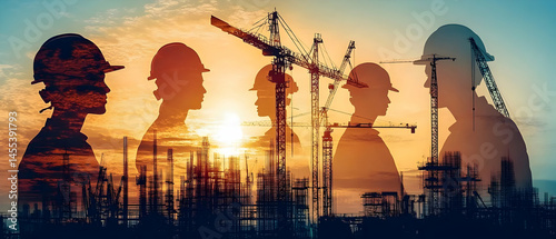 Wallpaper Mural Silhouetted construction workers against a sunset backdrop, showcasing teamwork and dedication in the building industry. Torontodigital.ca