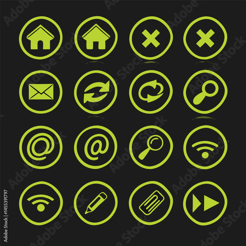 Green Neon Circular Icon Set – UI Symbols on Dark Background