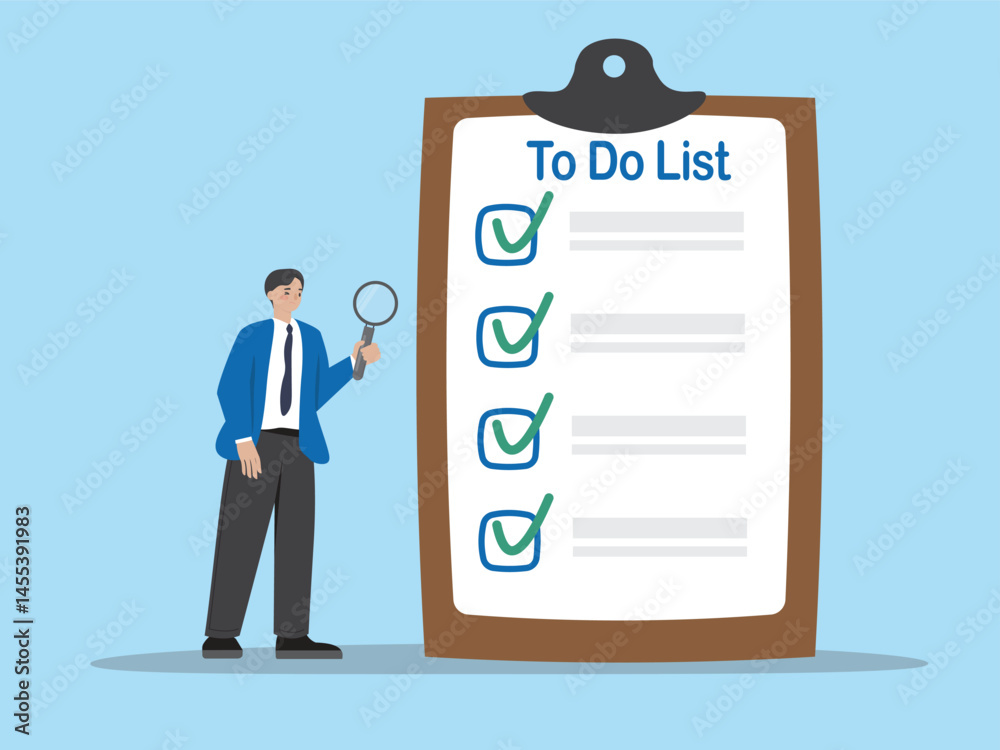 Task checklist, clipboard with to do list checkmark, task management to track work completion. Business man with magnifying glass and checklist clipboard vector design illustrations. Task checklist, clipboard with to do list checkmark, task management to track work completion. Business man with magnifying glass and checklist clipboard vector design illustrations.