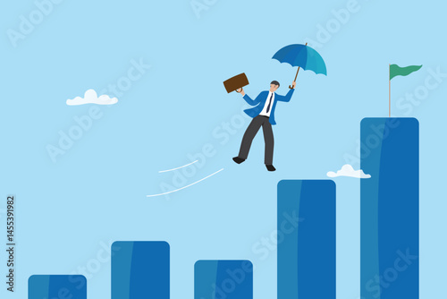 Concept career success, leadership , good performance, high return investment, financial income increase, Exponential Growth. Businessman floating to top of graph at goal flag vector flat illustration