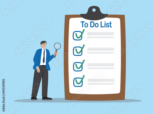 Task checklist, clipboard with to do list checkmark, task management to track work completion. Business man with magnifying glass and checklist clipboard vector design illustrations.
