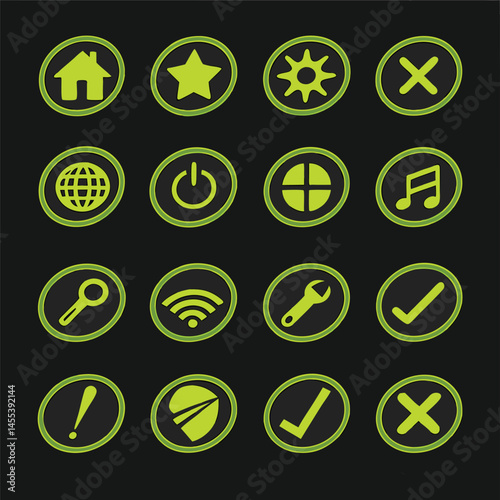 Green Neon Circular Icon Set – UI Symbols on Dark Background