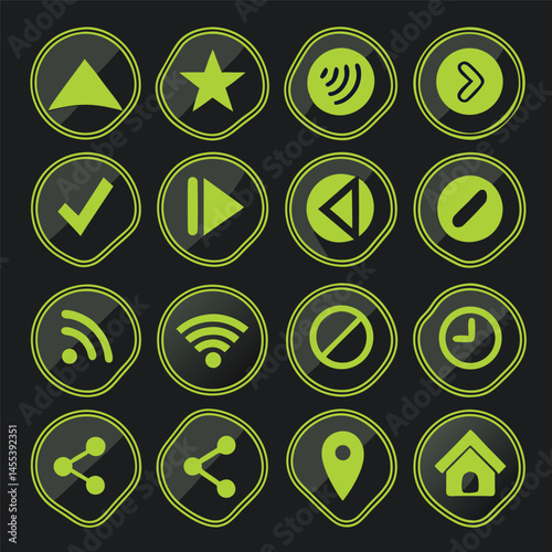 Green Neon Circular Icon Set – UI Symbols on Dark Background