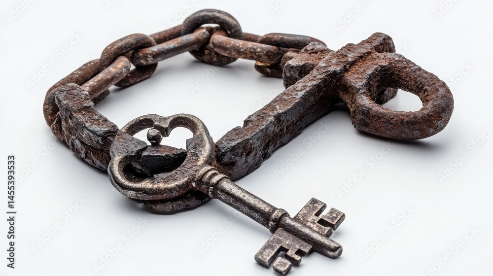 Obraz premium Antique Rusty Chain and Key on White Background