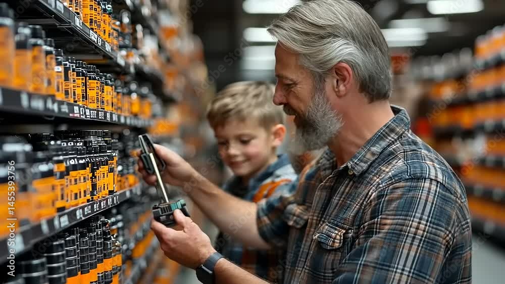 Father and son in hardware store, choosing supplies Father and son in hardware store, choosing supplies