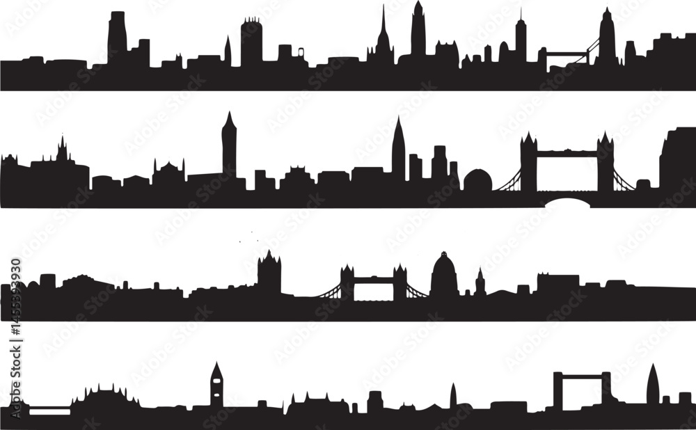 Αυτοκόλλητο London City Skyline Silhouettes Vector Set – Iconic UK Landmark Illustrations