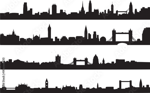 London City Skyline Silhouettes Vector Set – Iconic UK Landmark Illustrations

